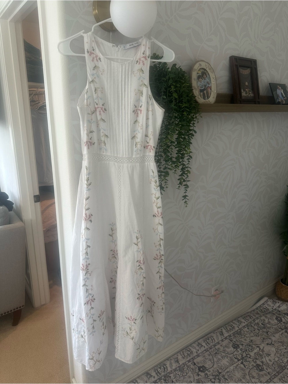 Mango White Maxi Dress with Pastel Floral Embroidery